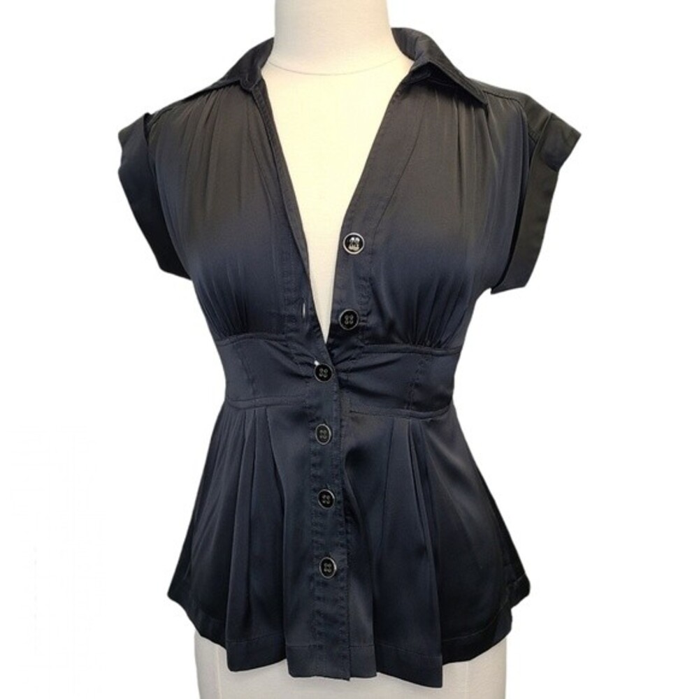 New York & Company Collection Women's 2 Black Peplum Button Up Short Sleeve Top - Picture 6 of 11